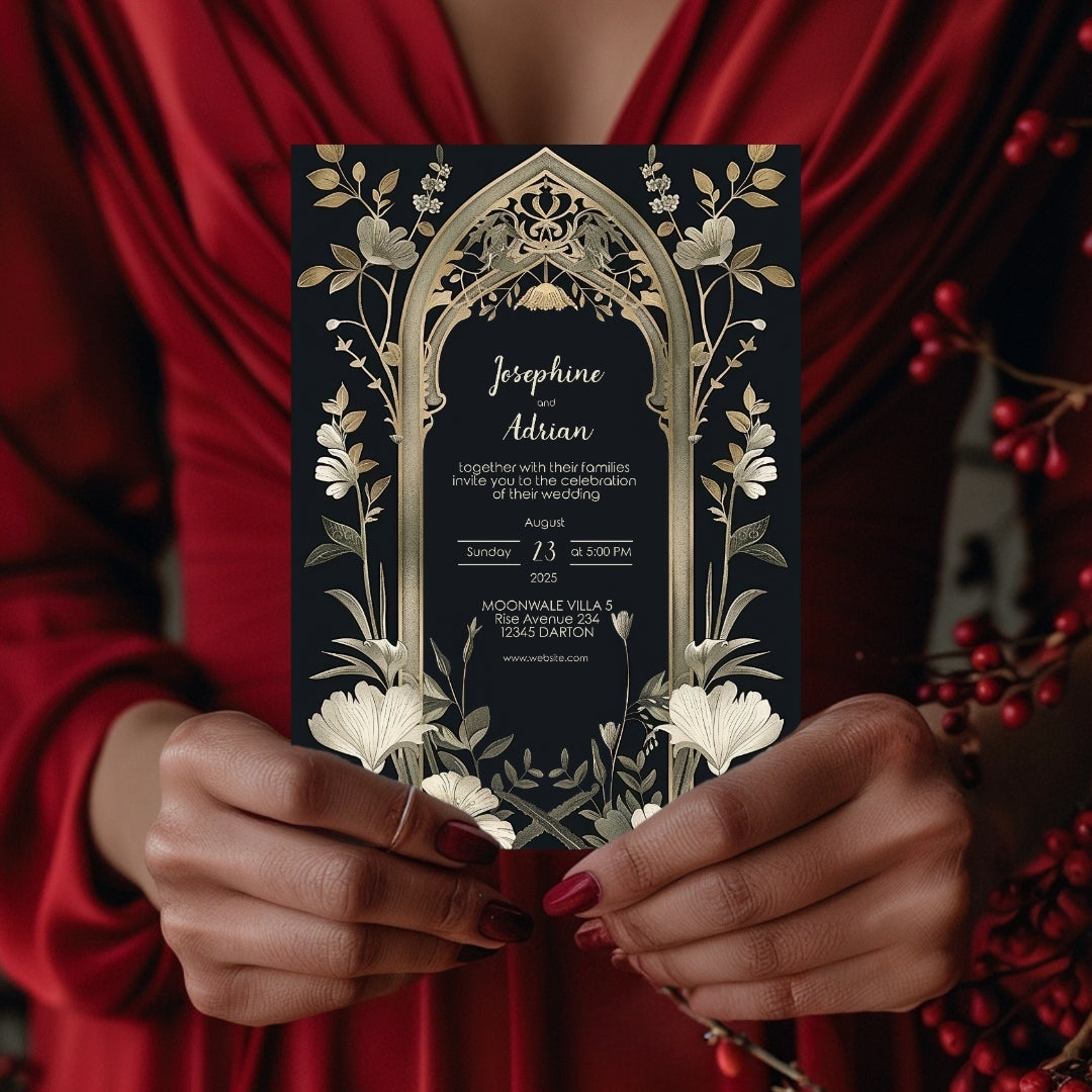 Vintage Gothic Greenery Wedding Invitation