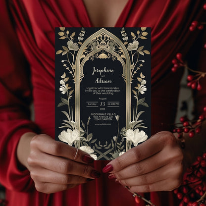Vintage Gothic Greenery Wedding Invitation