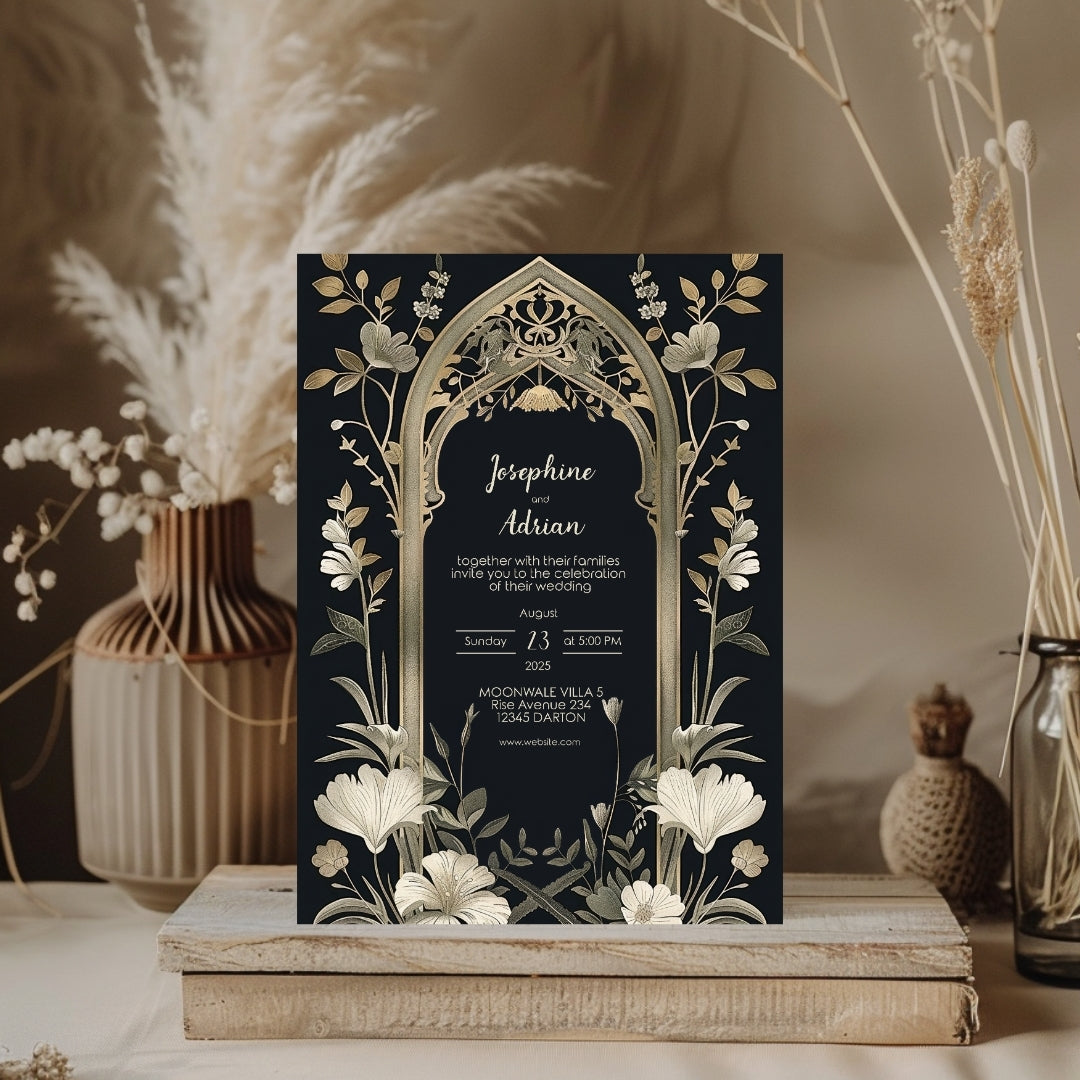 Vintage Gothic Greenery Wedding Invitation