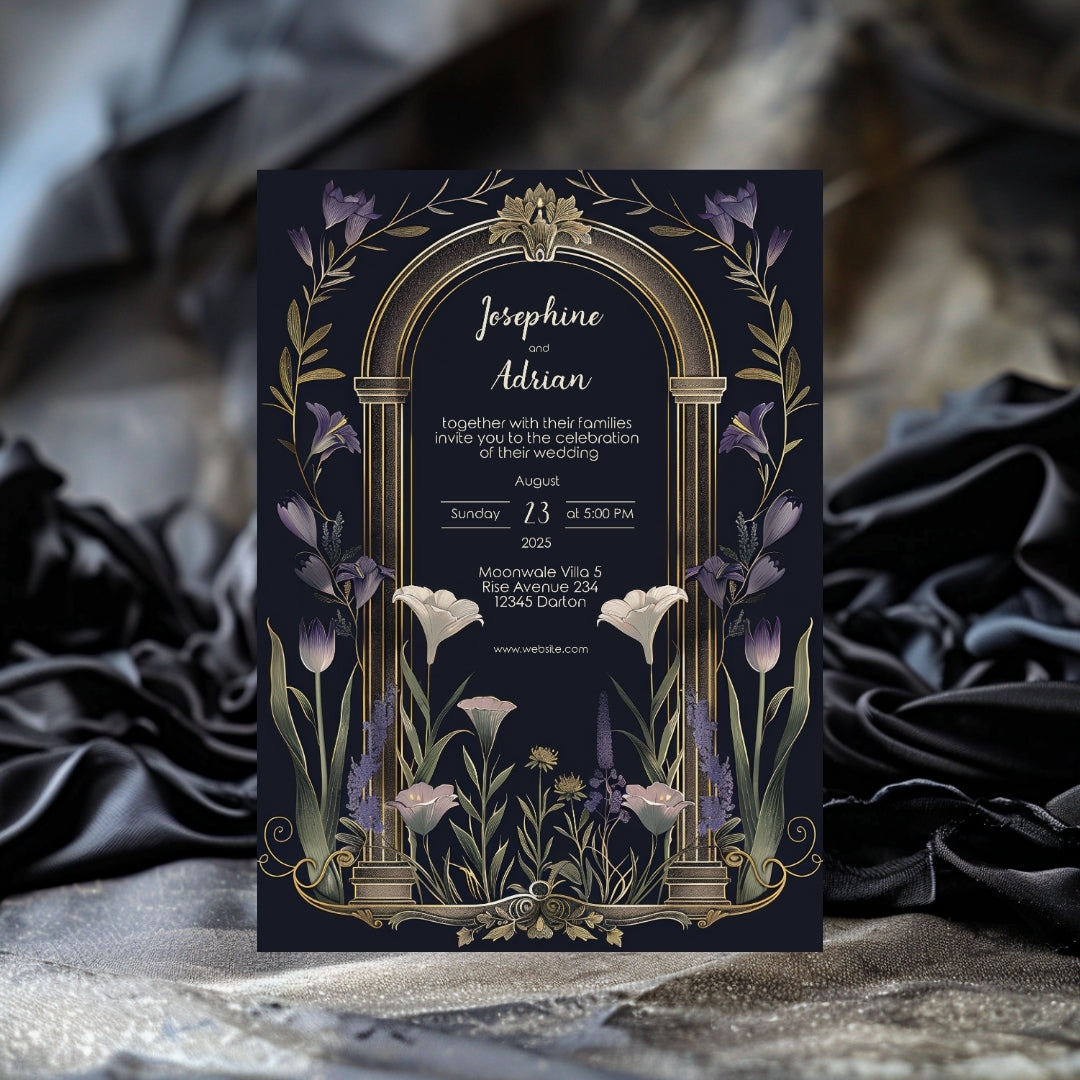 Vintage Floral Gothic Arch Wedding Invitation