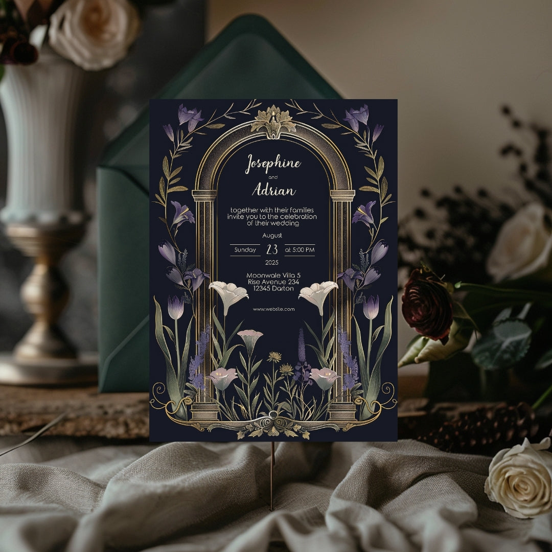 Vintage Floral Gothic Arch Wedding Invitation