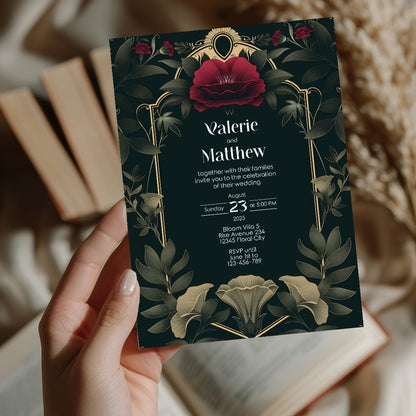 Celestial Red Rose Vintage Garden Wedding Invitation