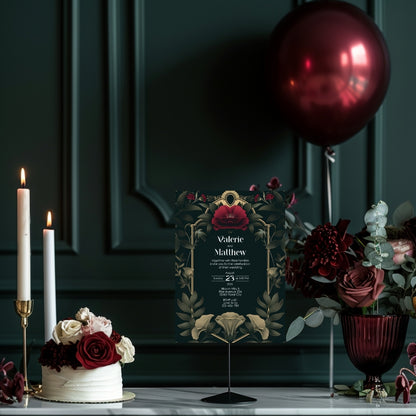 Celestial Red Rose Vintage Garden Wedding Invitation