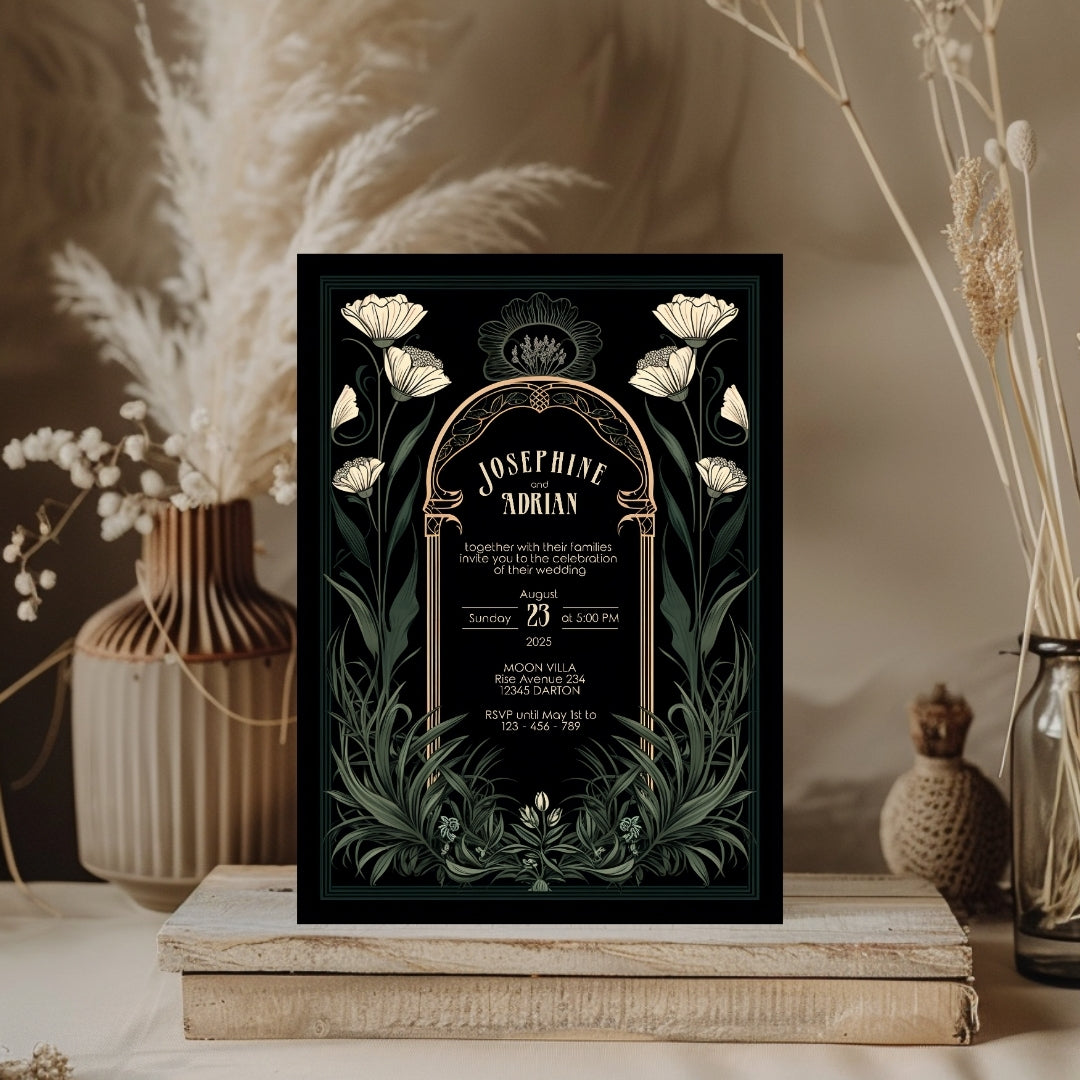 Green Celestial Gothic Garden Wedding Invitation