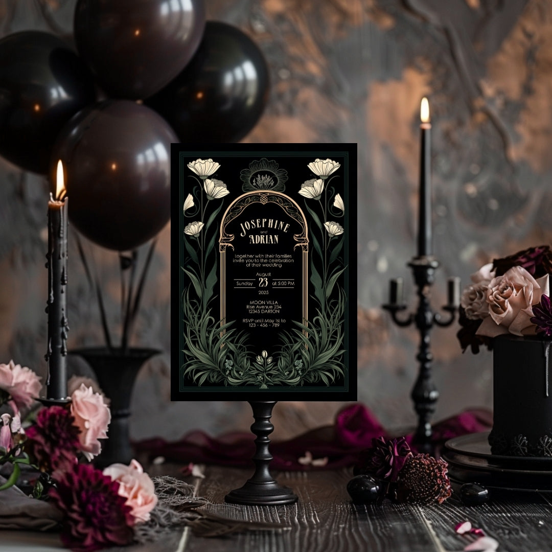 Green Celestial Gothic Garden Wedding Invitation