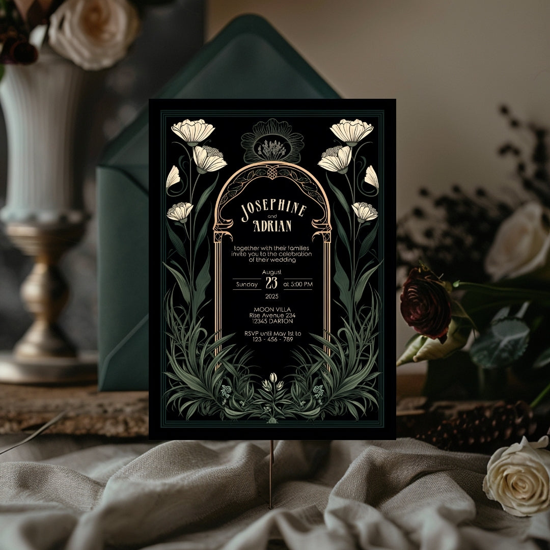 Green Celestial Gothic Garden Wedding Invitation