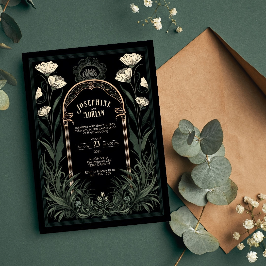Green Celestial Gothic Garden Wedding Invitation