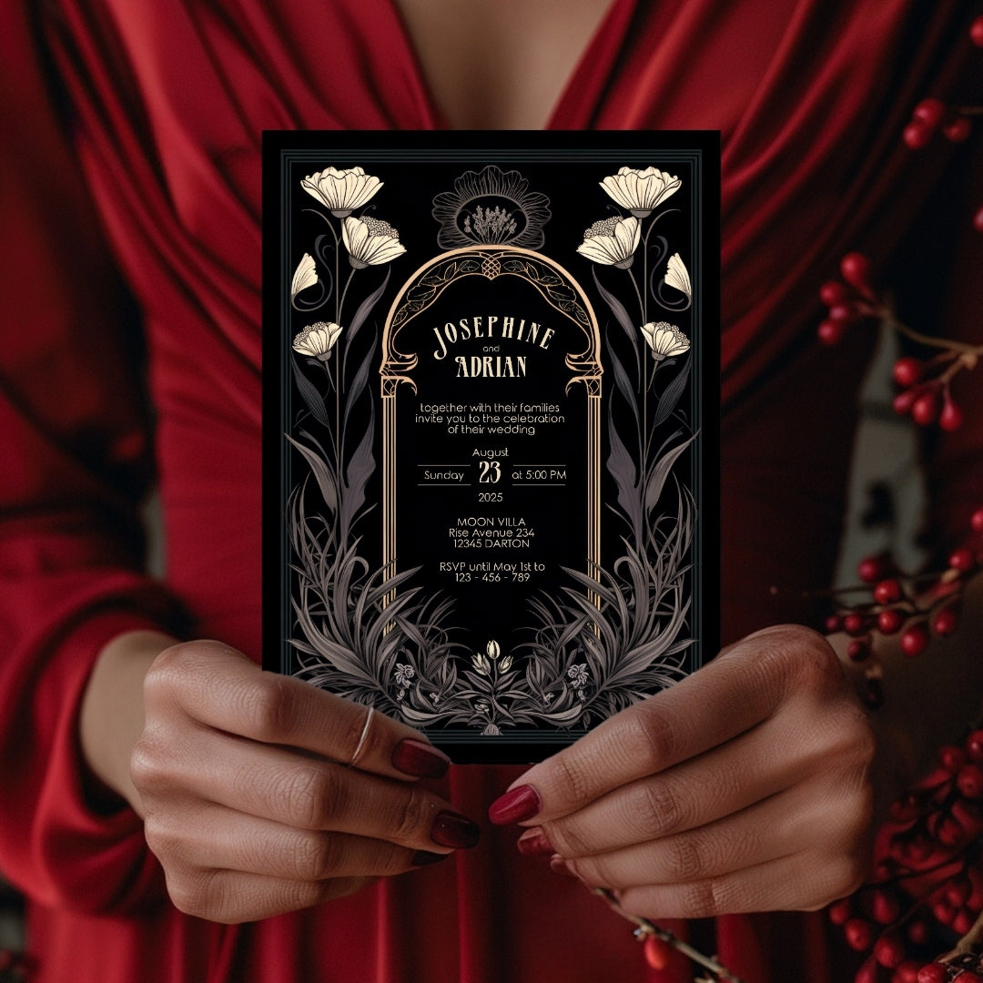 Grey Celestial Gothic Garden Wedding Invitation