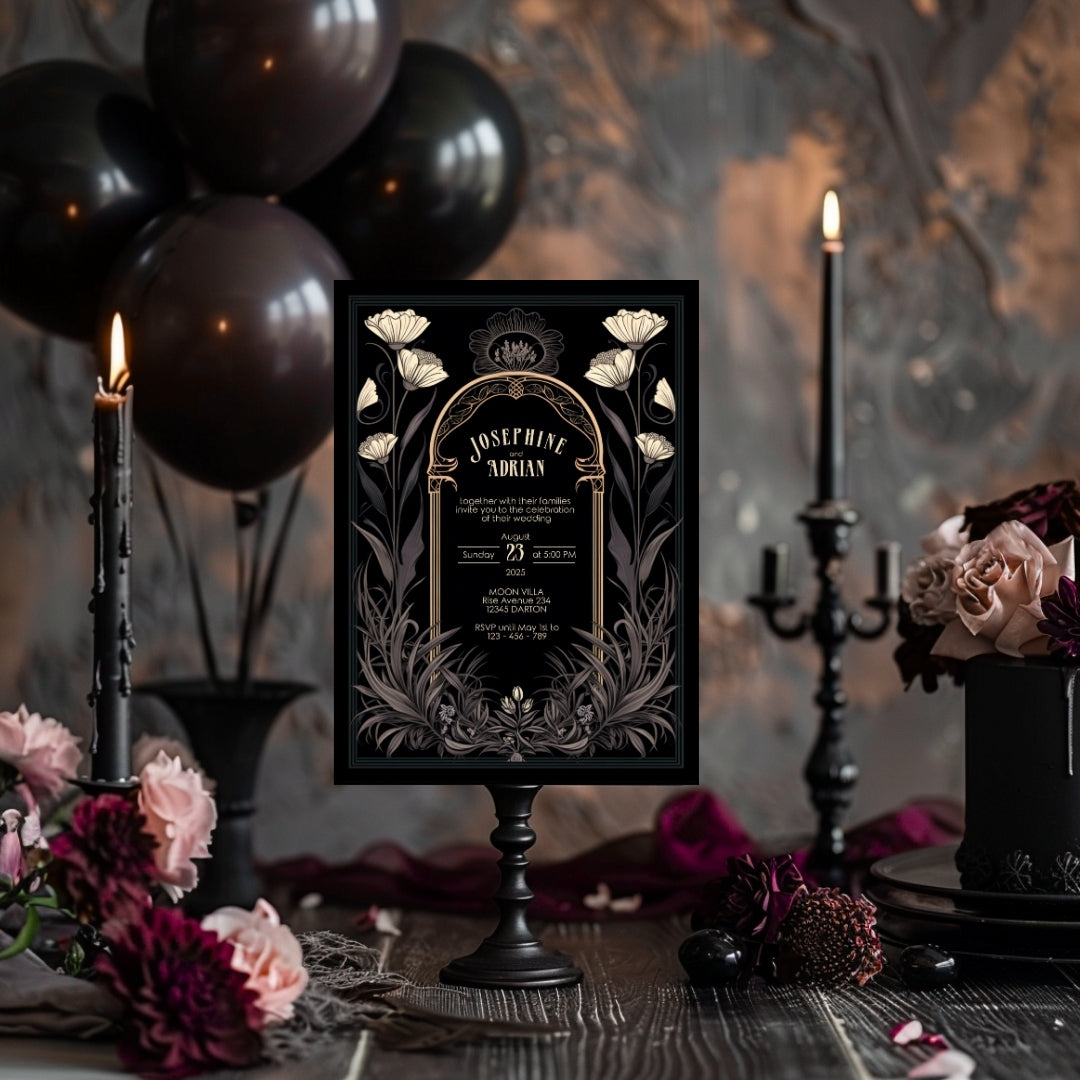 Grey Celestial Gothic Garden Wedding Invitation