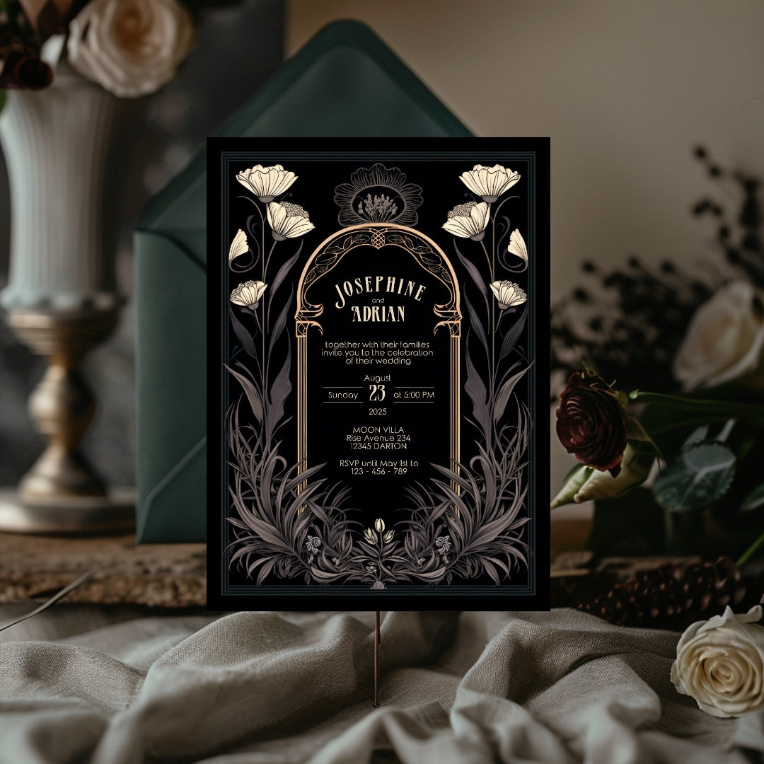 Grey Celestial Gothic Garden Wedding Invitation