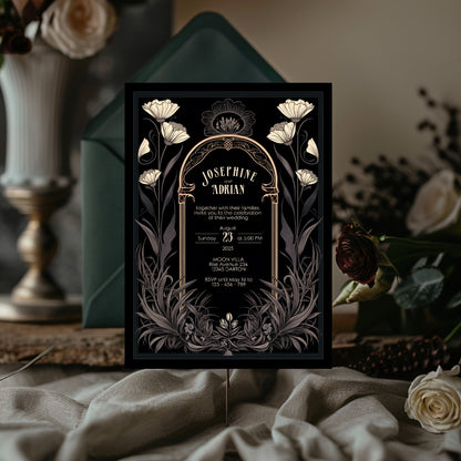 Grey Celestial Gothic Garden Wedding Invitation