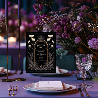 Grey Celestial Gothic Garden Wedding Invitation