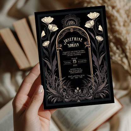 Grey Celestial Gothic Garden Wedding Invitation