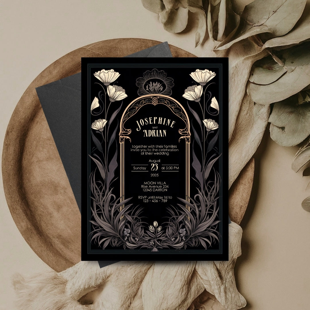 Grey Celestial Gothic Garden Wedding Invitation