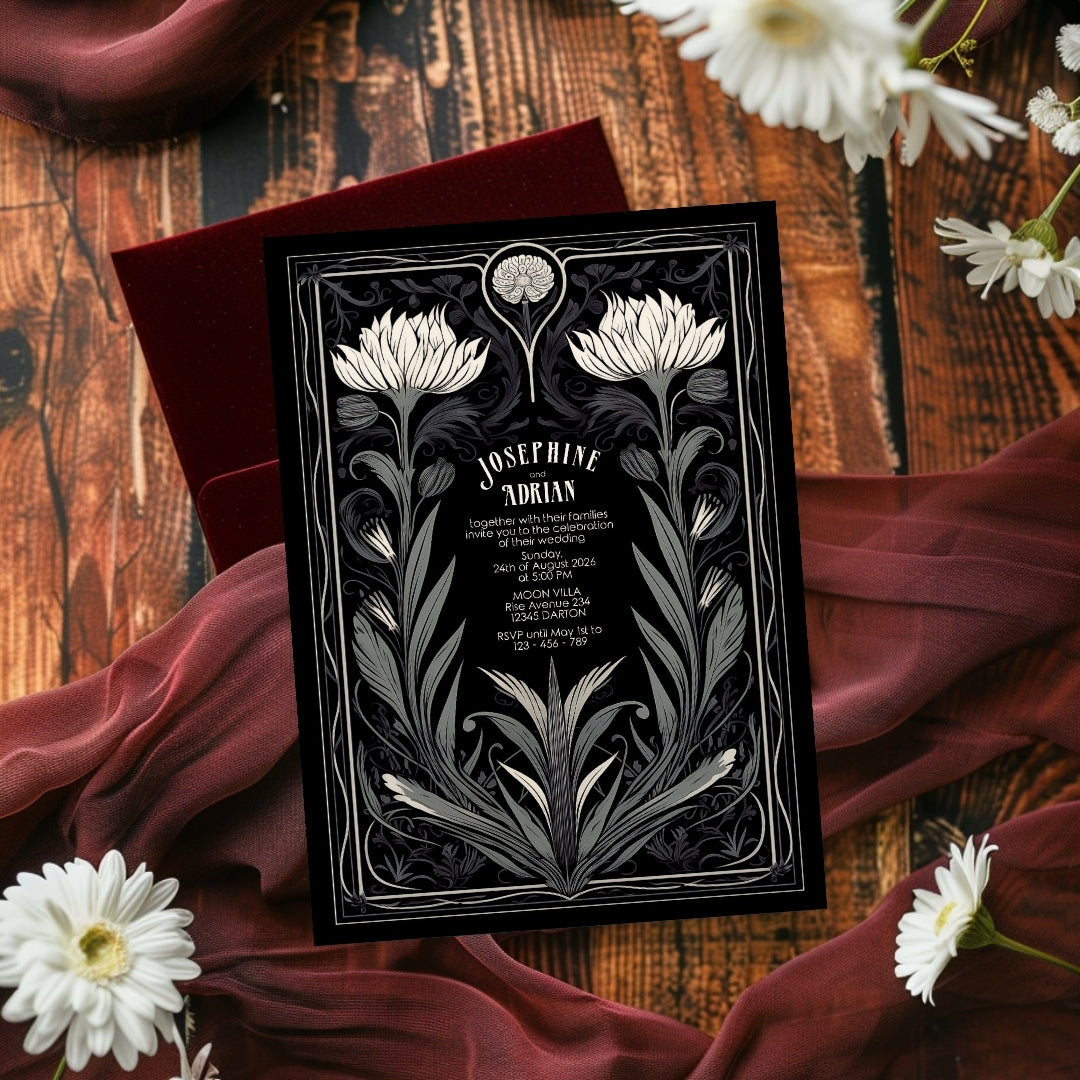 Grey Mystical Floral Gothic Wedding Invitation