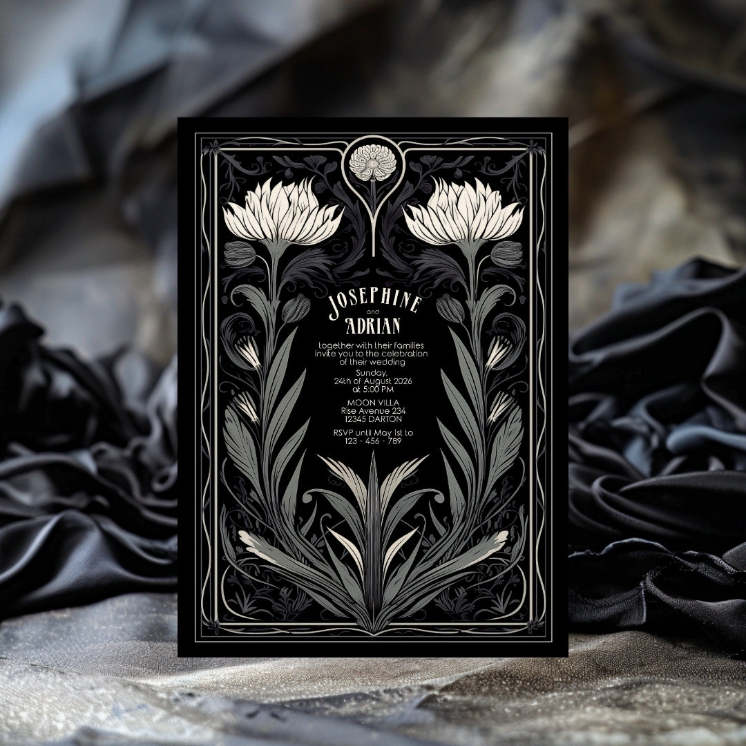 Grey Mystical Floral Gothic Wedding Invitation