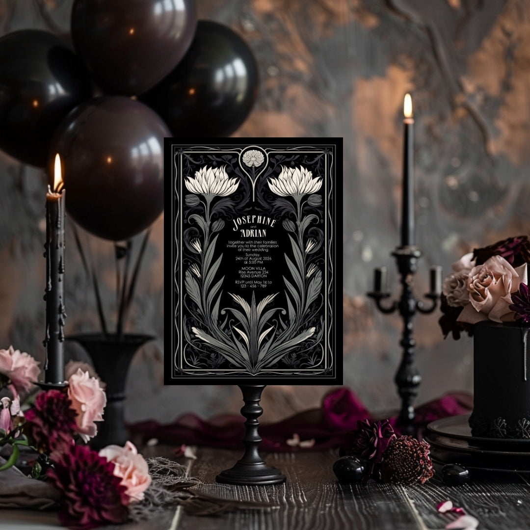 Grey Mystical Floral Gothic Wedding Invitation