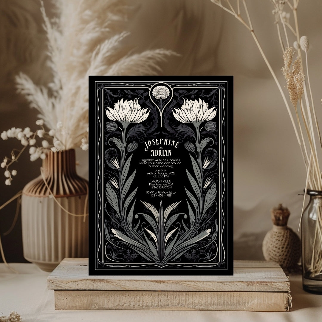 Grey Mystical Floral Gothic Wedding Invitation