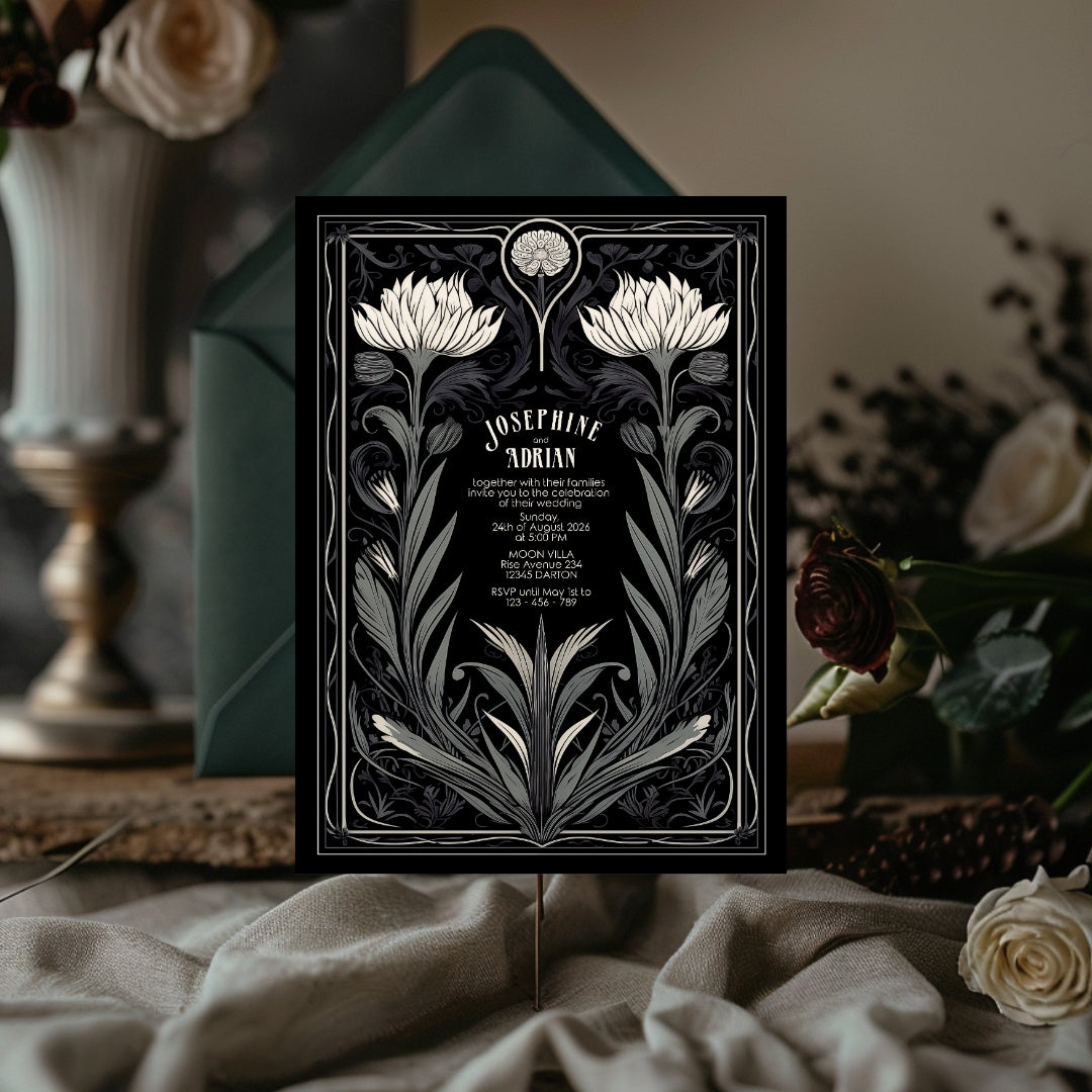 Grey Mystical Floral Gothic Wedding Invitation