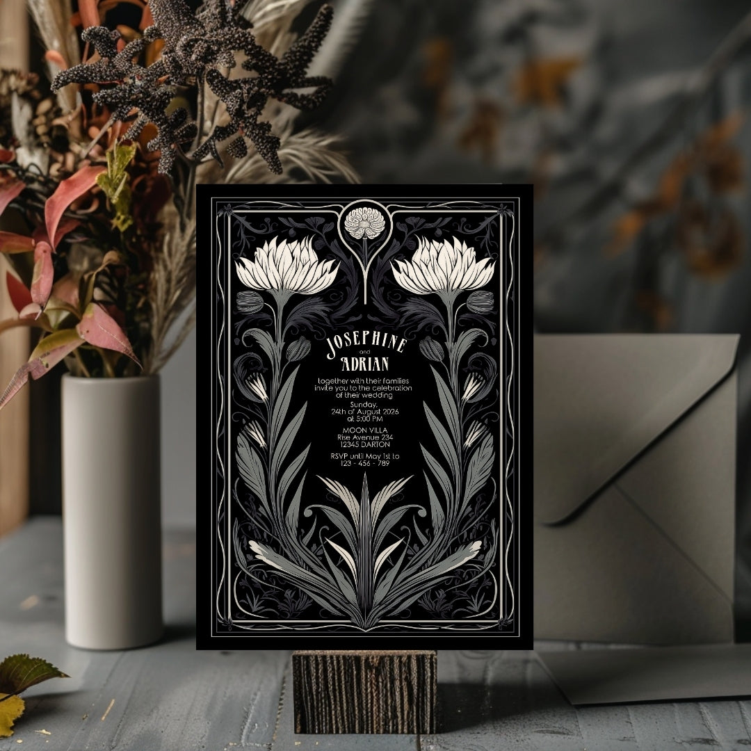 Grey Mystical Floral Gothic Wedding Invitation