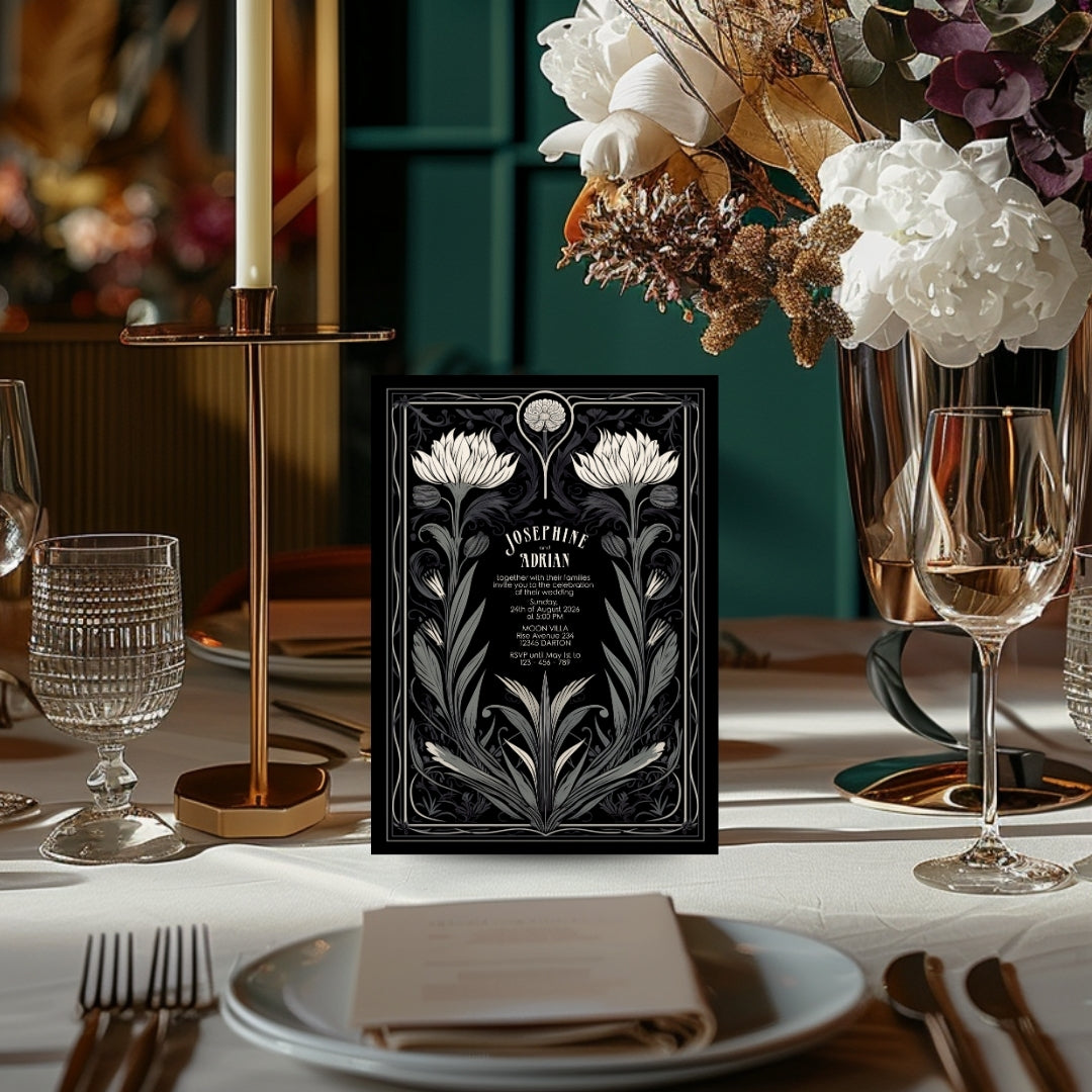 Grey Mystical Floral Gothic Wedding Invitation