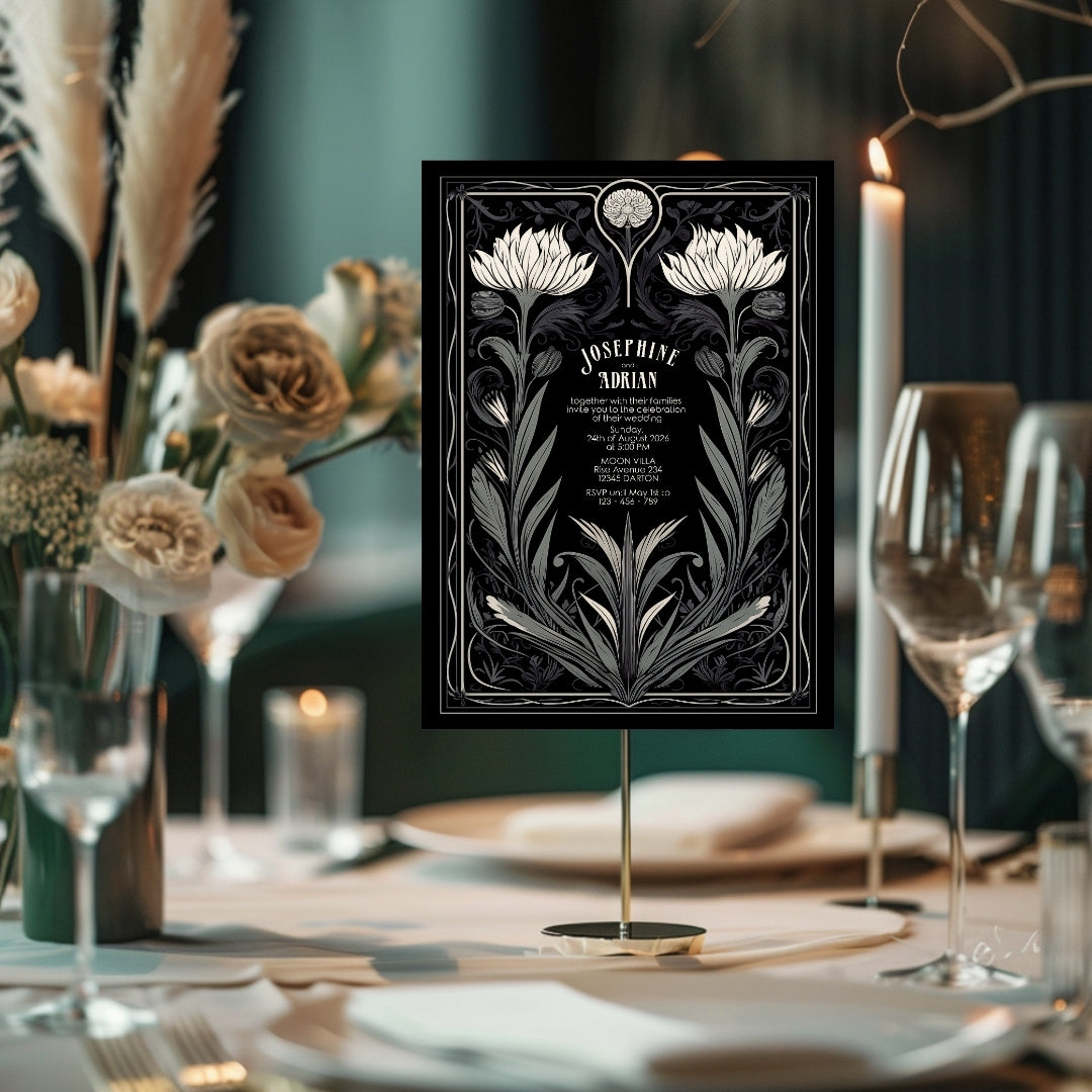 Grey Mystical Floral Gothic Wedding Invitation
