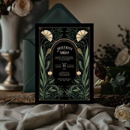 Green Gothic Floral Garden Wedding Invitation