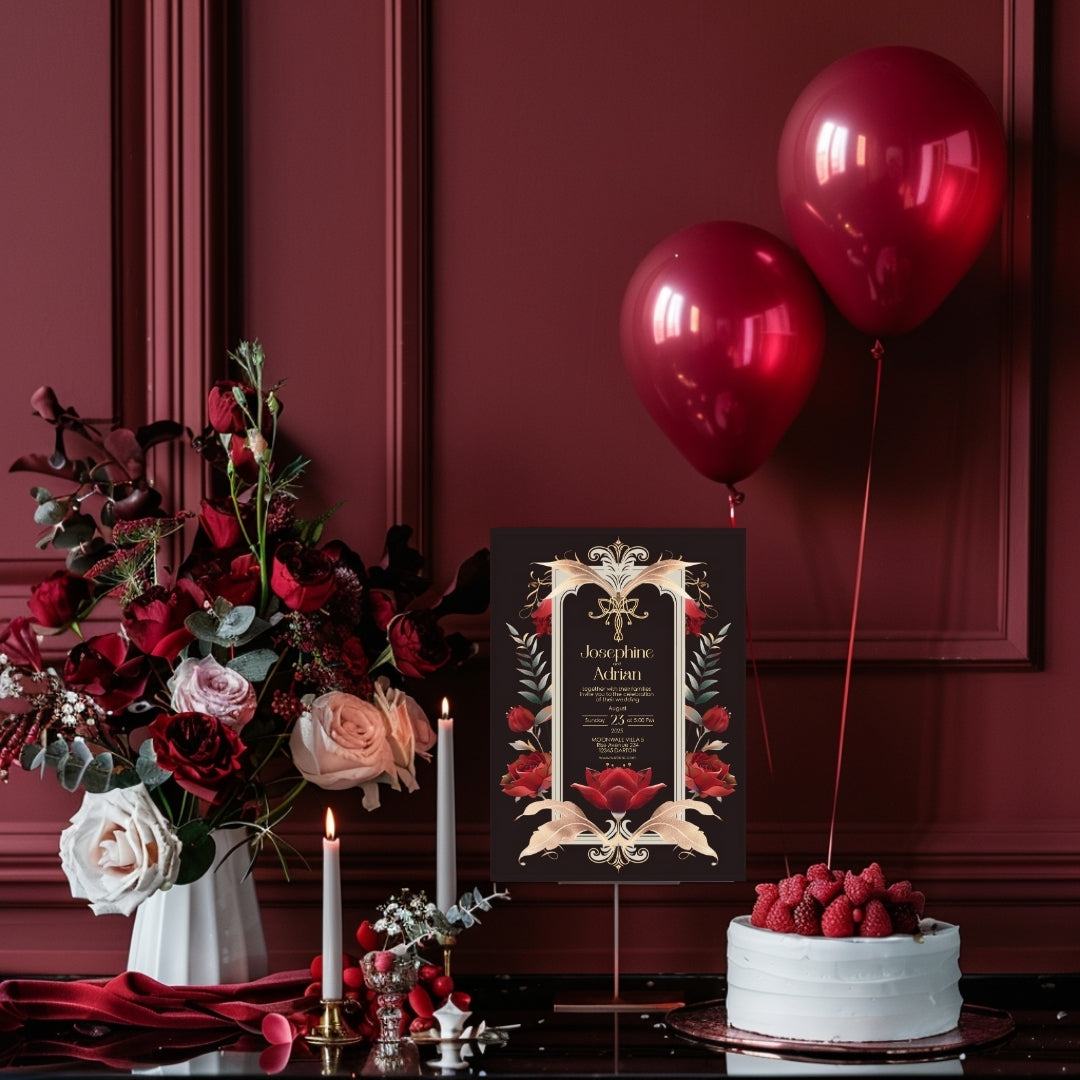 Red Roses Art Deco Gothic Wedding Invitation