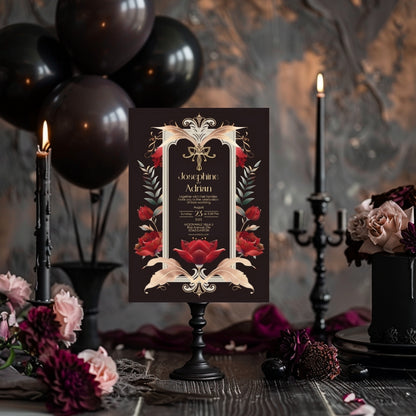Red Roses Art Deco Gothic Wedding Invitation