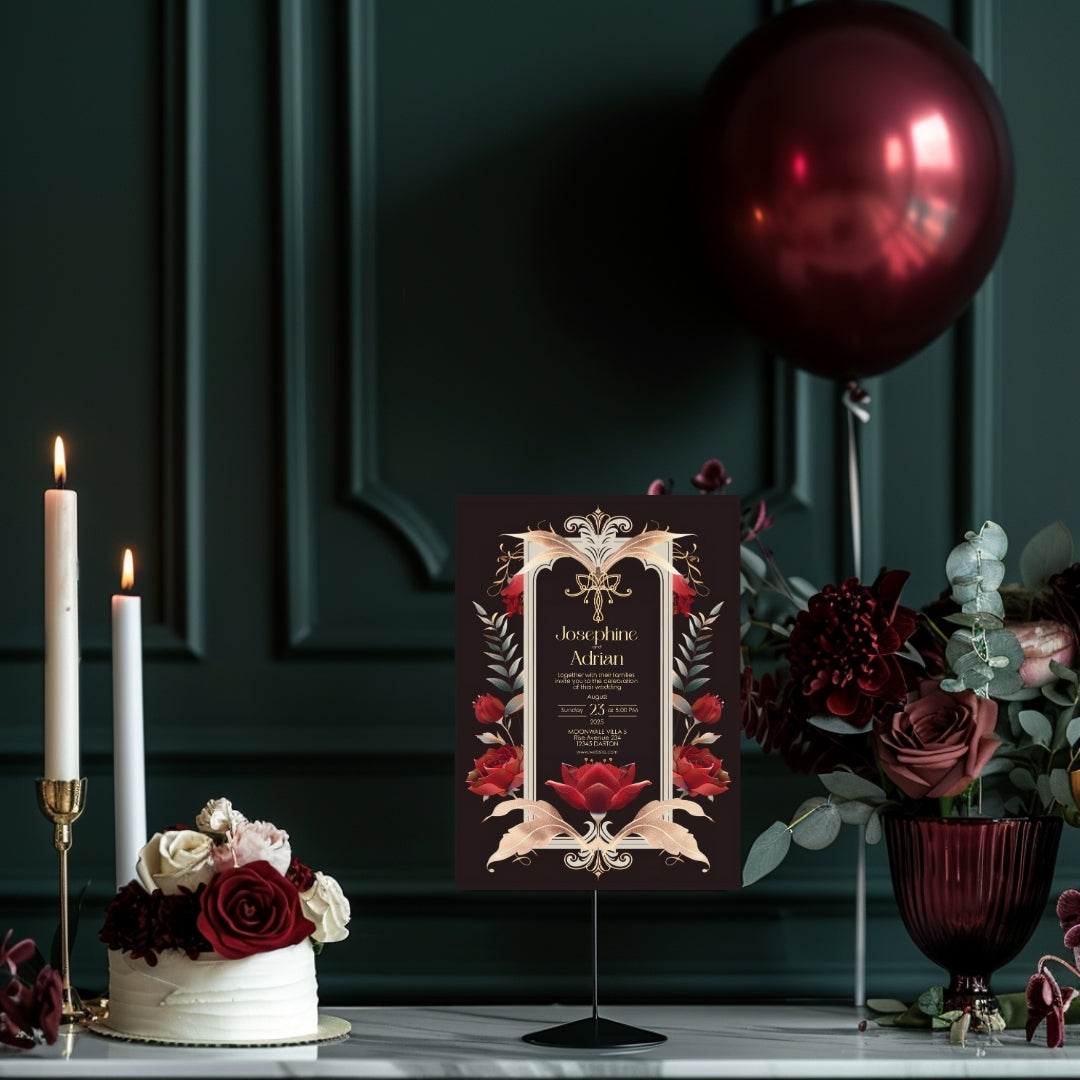 Red Roses Art Deco Gothic Wedding Invitation