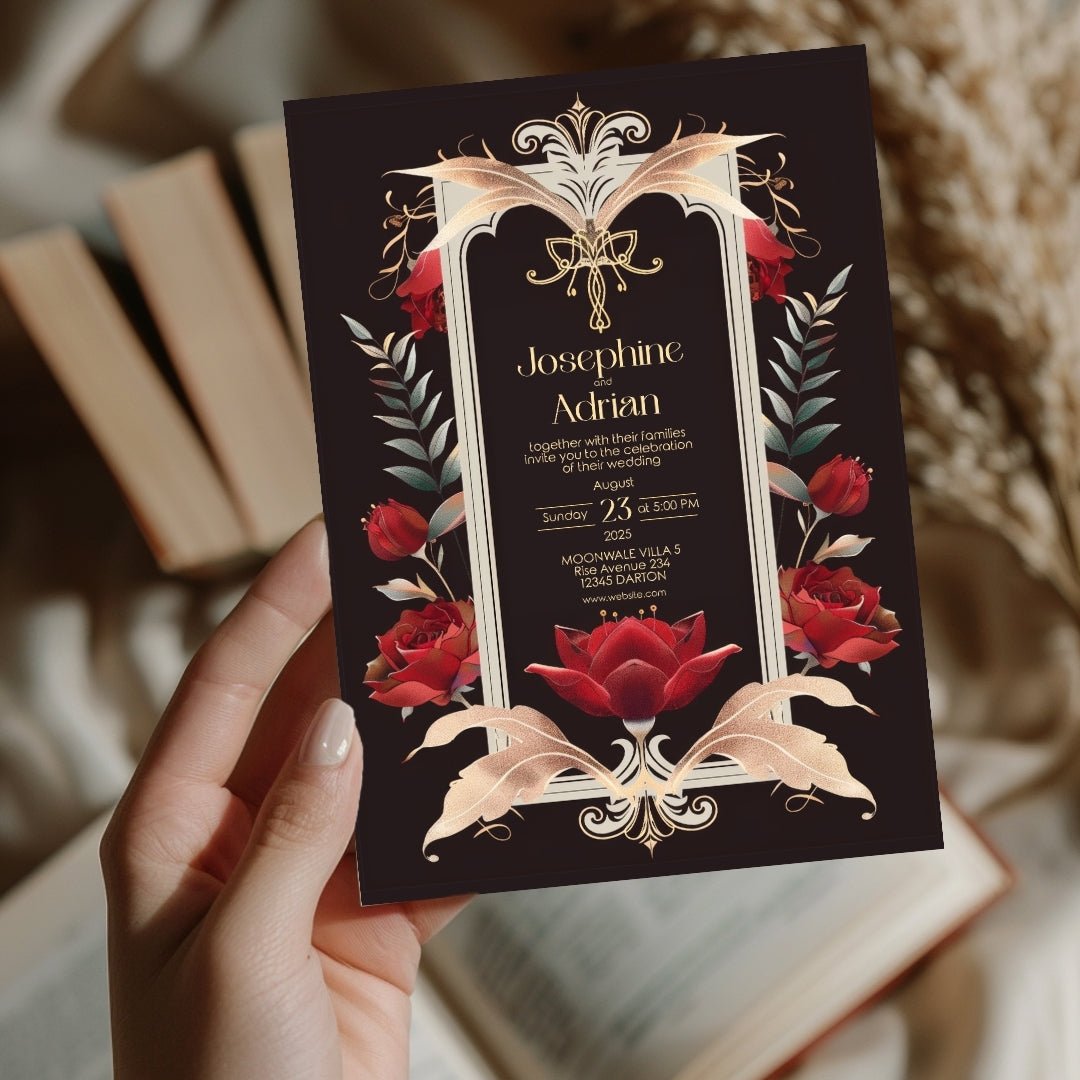 Red Roses Art Deco Gothic Wedding Invitation