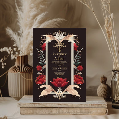 Red Roses Art Deco Gothic Wedding Invitation