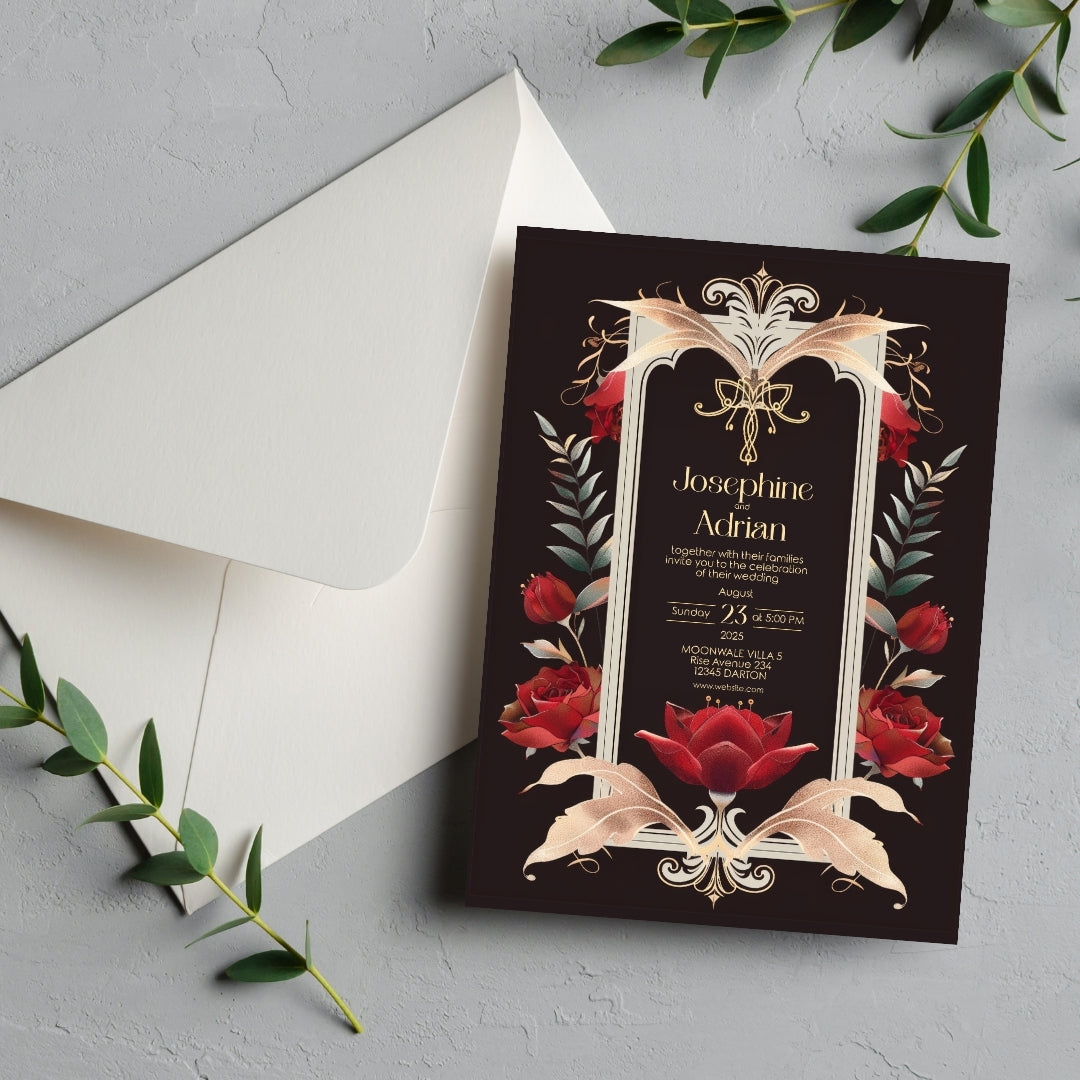 Red Roses Art Deco Gothic Wedding Invitation